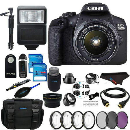 Canon EOS 2000D / Rebel T7 Digital SLR Camera w/ 18-55MM is ii Lens Kit (Black) with PixiBytes Professional Accessory Bundle Package Includes: 64GB Memory + EZ Flash + Tripod and More