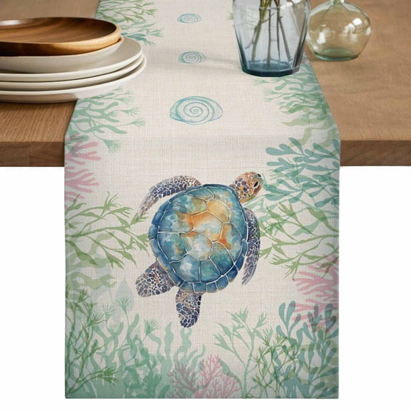 Sea Turtle Coastal Cotton Linen Table Runner for Dining Kitchen, Blue Green Summer Beach Coral Ocean Wedding Outdoor Party Tablerunners, Dresser Scarf Coffee Tablecloth Runners 13x70 Inches
