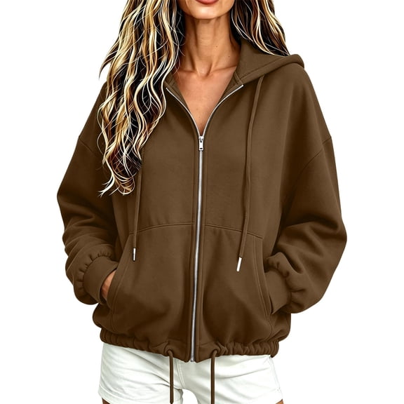 Edvintorg Womens Jacket Loose Long Sleeve Zip up Coat Drawstring Casual Hooded Outerwear with Pocket Womans Clothes S-2XL Brown