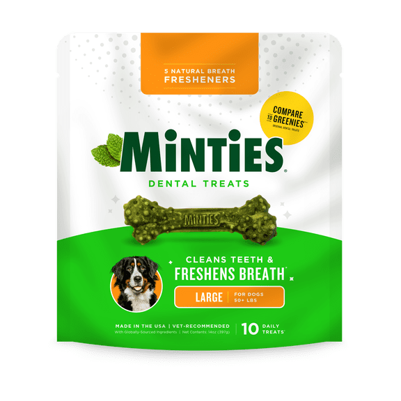Minties Dental Chews for Dogs, Vet-Recommended Mint-Flavored Dental Dog Treats for Large Dogs, Bones Clean Teeth, Fight Bad Breath, and Removes Plaque and Tartar, 14 oz