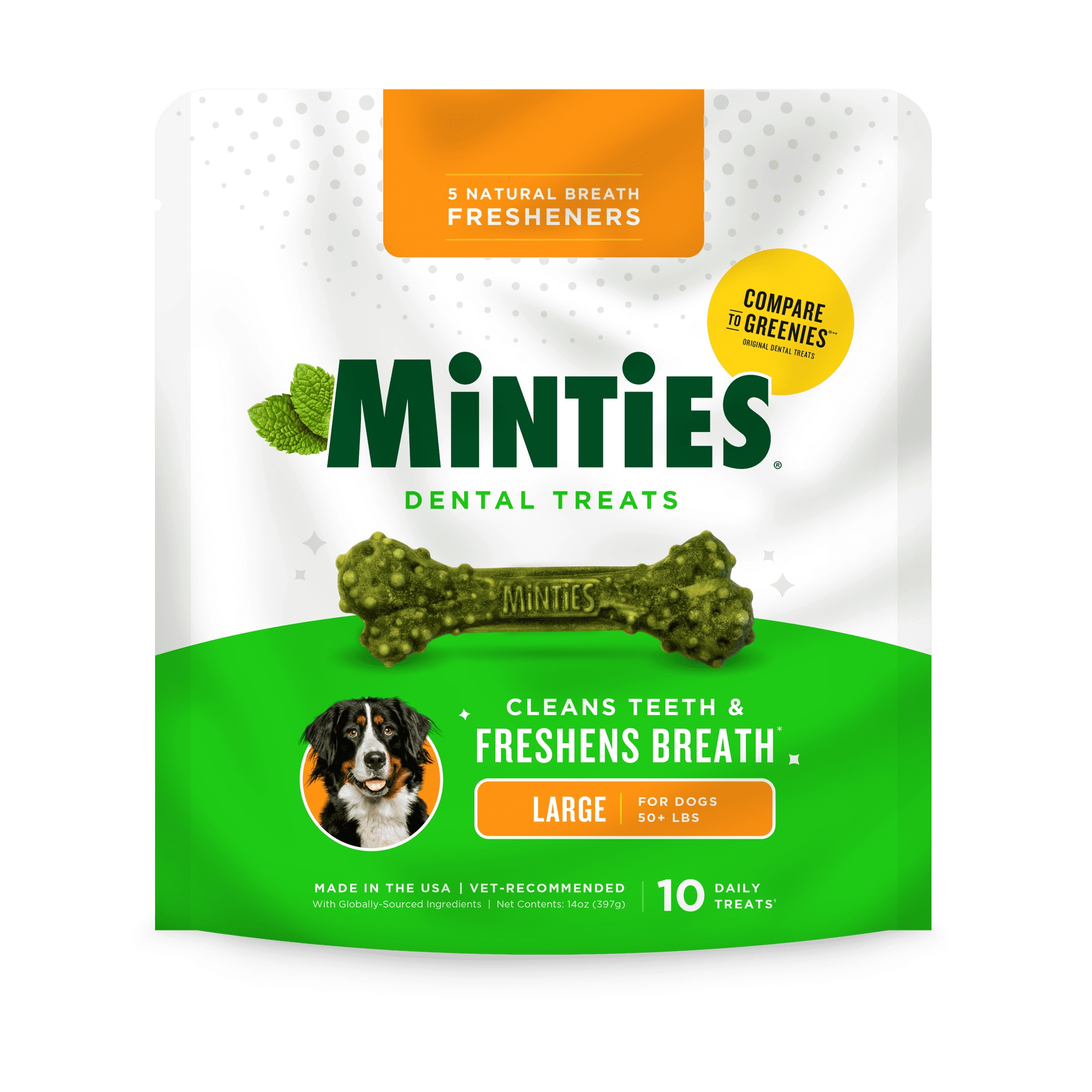 Minties Dental Chews for Dogs, Vet-Recommended Mint-Flavored Dental Dog Treats for Large Dogs, Bones Clean Teeth, Fight Bad Breath, and Removes Plaque and Tartar, 14 oz
