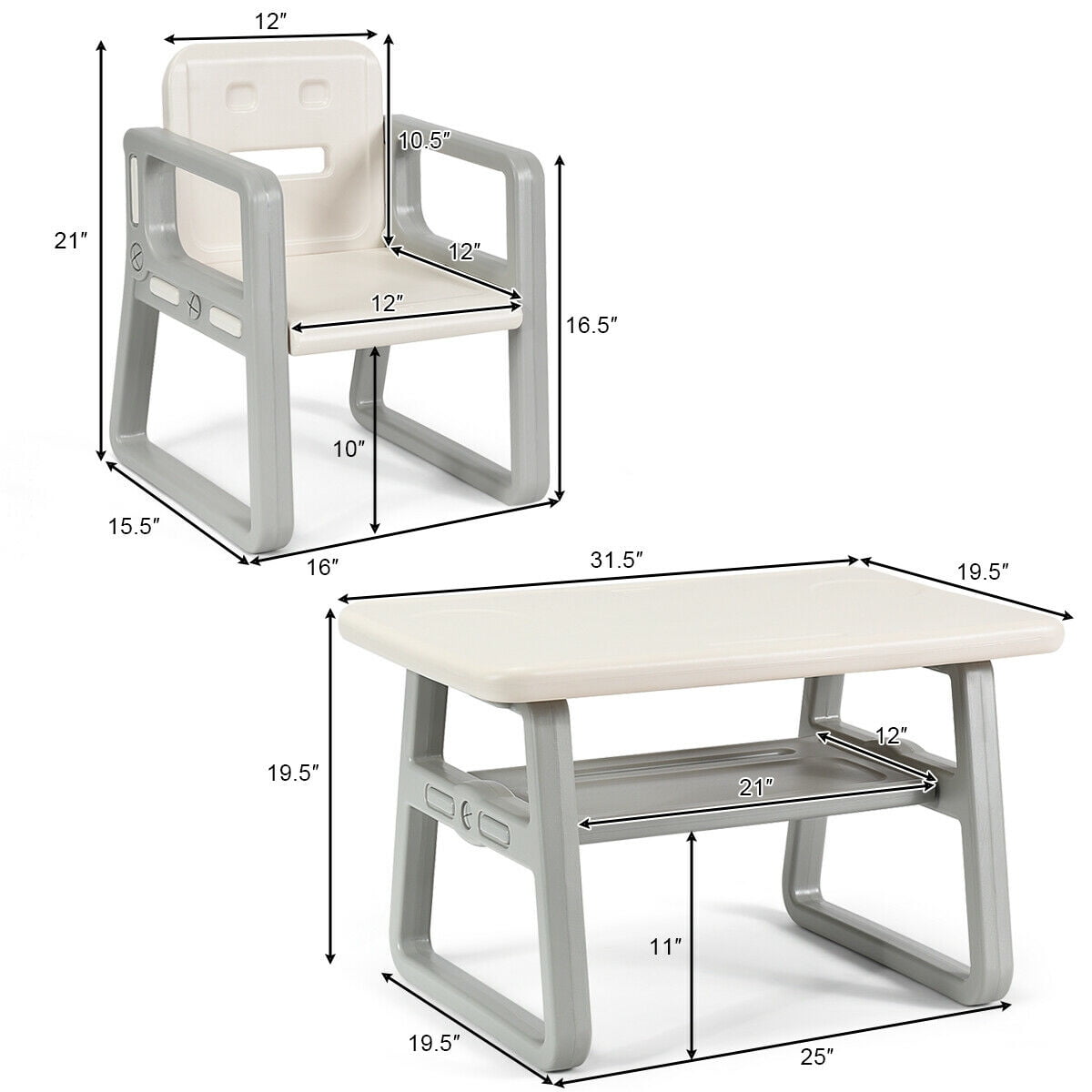 Topbuy Kids 2-in-1 Table and 2 Chairs Set Activity Table With Storage Shelf White Baby