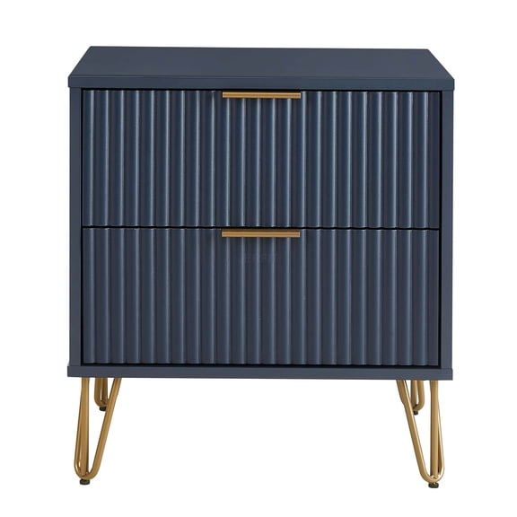JERFIT Midnight Blue Nightstand with 2 Drawers, Modern Glam Bedside Table with Gold Legs & Handles, No-Tool Assembly Bedroom Dresser