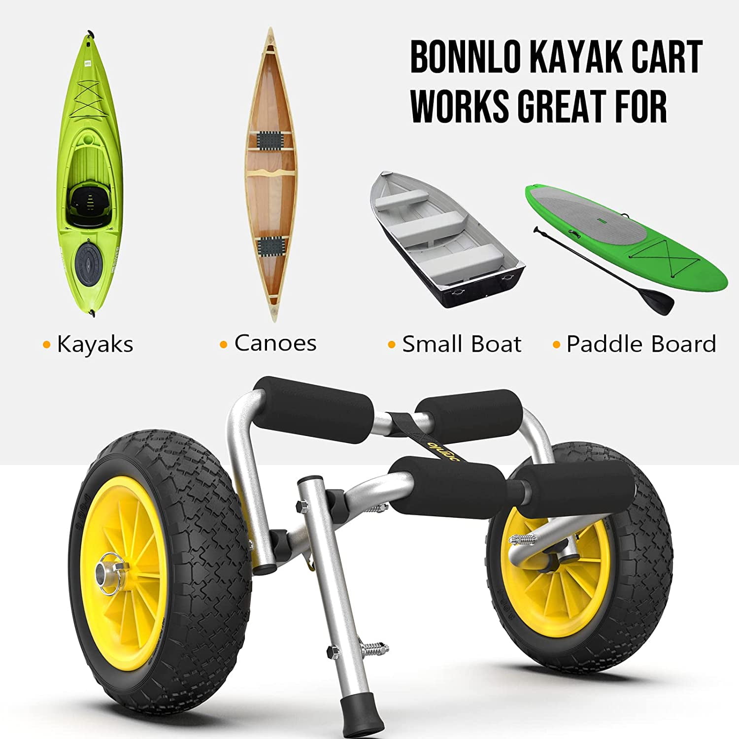 Foldable Kayak Cart, Lightweight Aluminum Alloy Frame, Universal Dolly Cart with 10'' Durable Solid Tires for Canoes, Paddle Boards, Boats, Strong 1.75" Thick Prongs