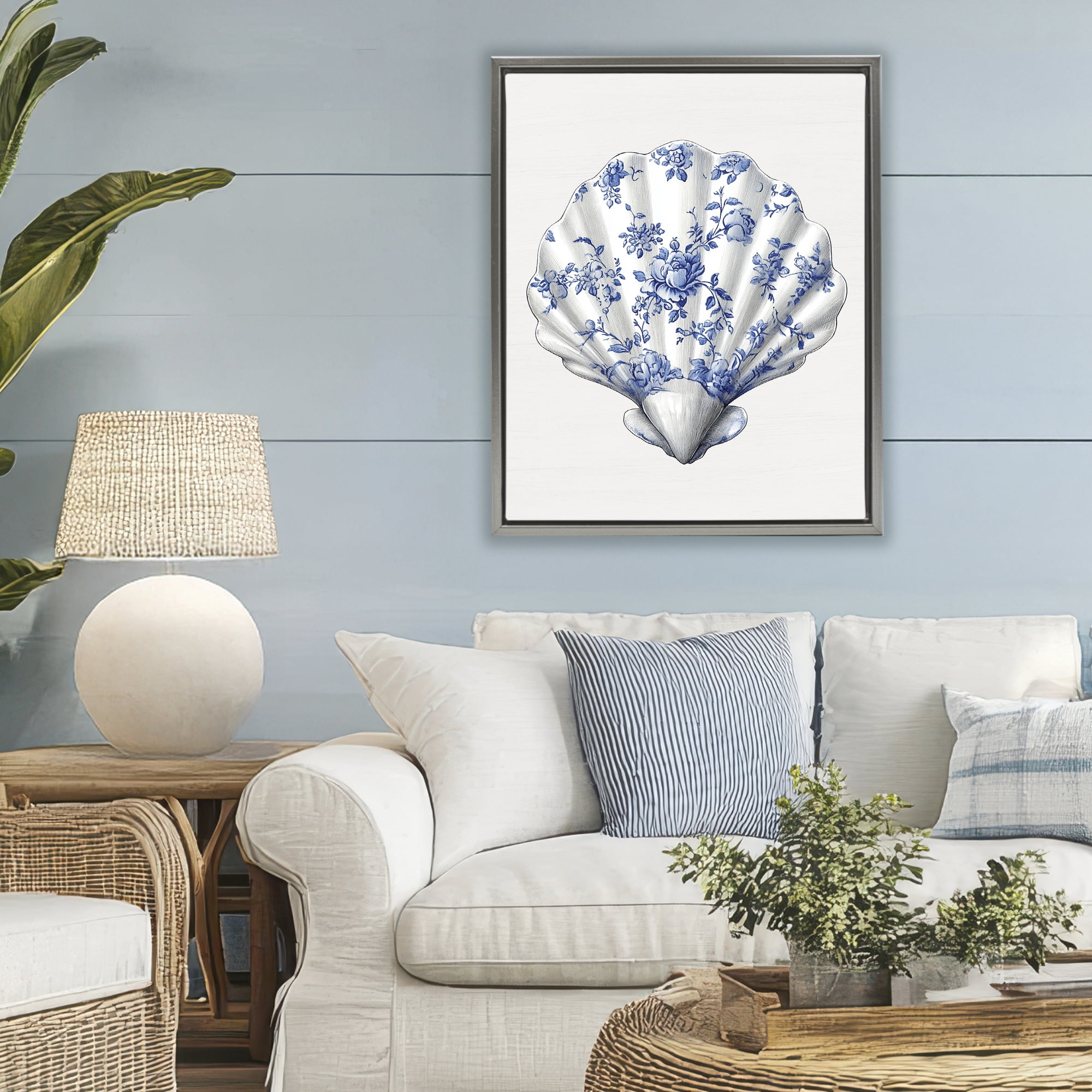 Funky Toile Seashell Gray Framed Floater Canvas Wall Art, design by Lettered and Lined