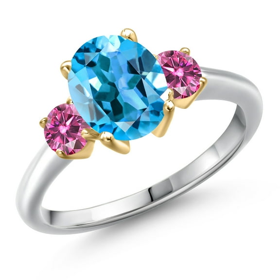 Gem Stone King 10K Two Tone Gold Swiss Blue Topaz and Pink Moissanite Engagement Ring for Women | 2.71 Cttw | Oval 9X7MM | Gemstone November Birthstone | Size 5