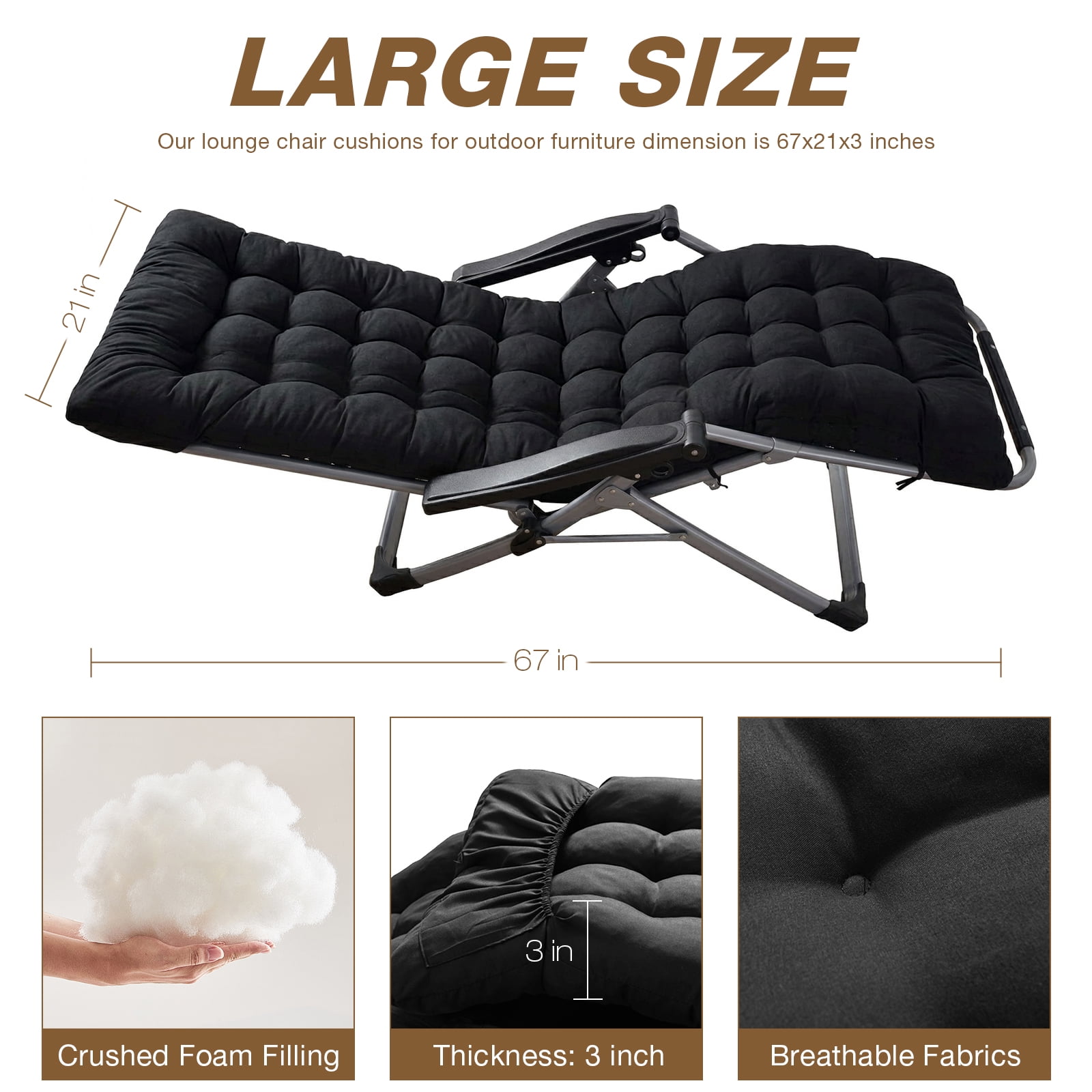 YEERSWAG 67x21x3 inch Outdoor Chaise Lounge Cushions, Lounge Chaise Cushion with Ties, Non Slip High Back Chair Pad for Patio Furniture, Black