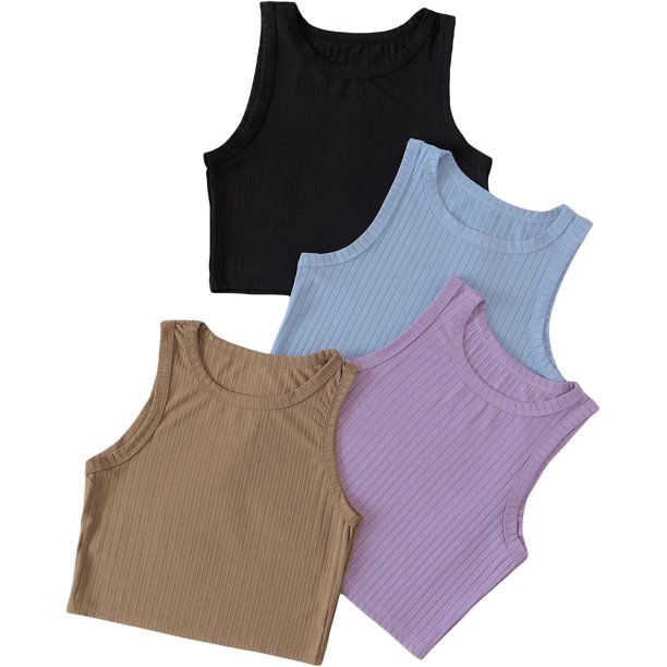 Paquete de 4 camisetas sin mangas con cuello redondo para mujer Negro Azul Khaki Purple G Negro Azul Khaki Purple G Xishao ropa