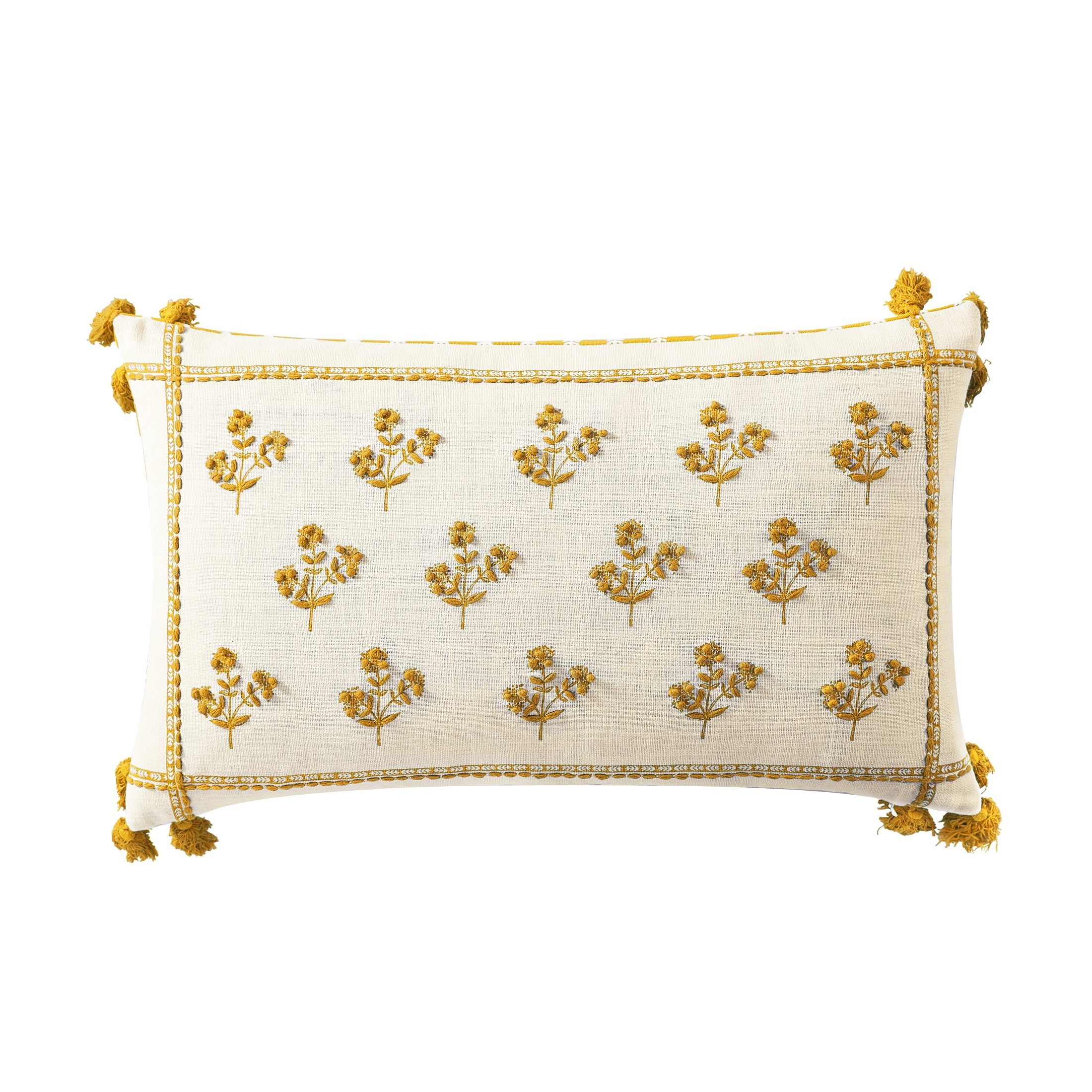 Better Homes & Gardens, Yellow Block Print Floral Decorative Pillow, Oblong, 14' x 24', Yellow, 1 Piece