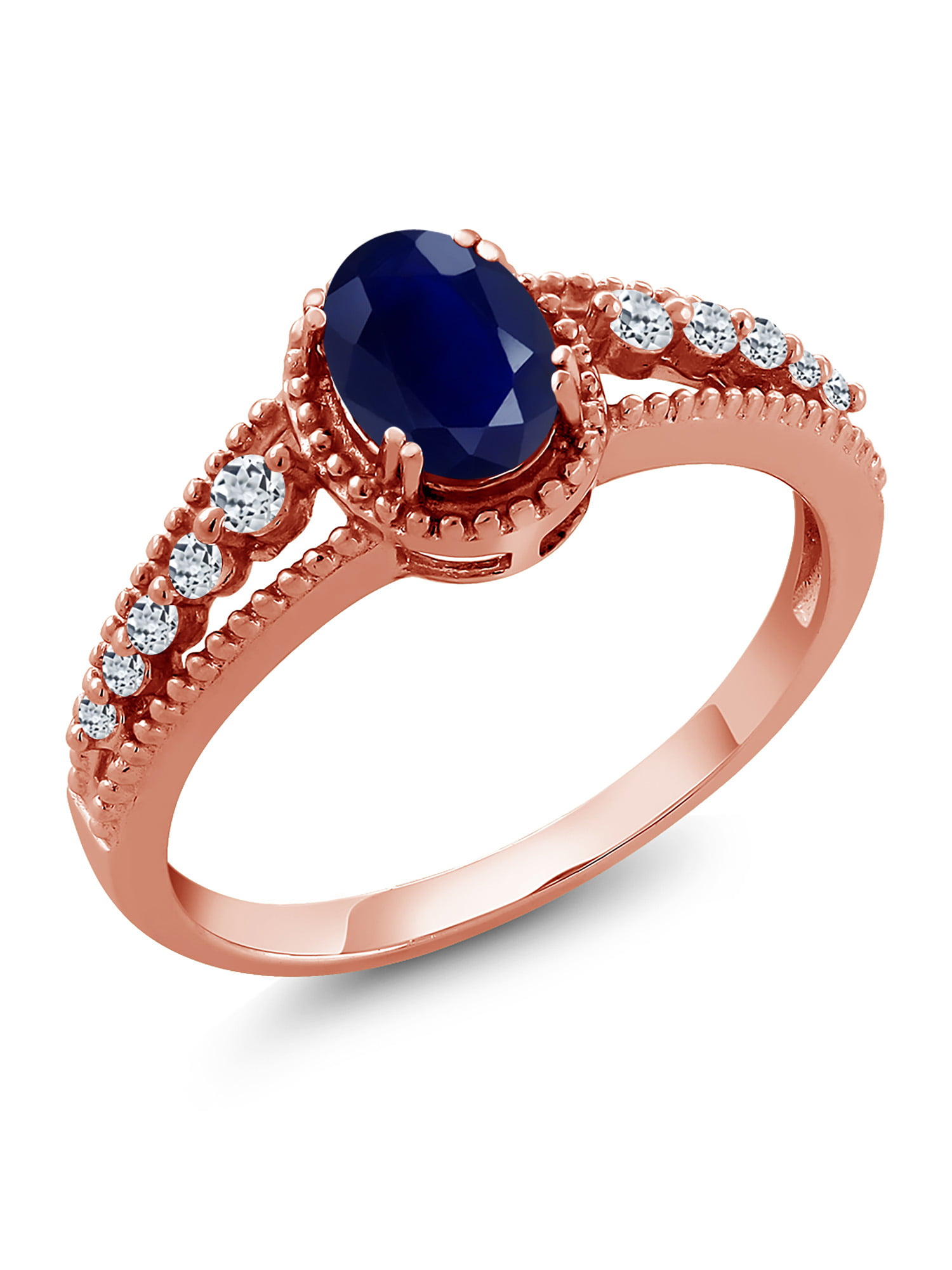 Gem Stone King 18K Rose Gold Plated Silver 1.21 Ct Oval Blue Sapphire White  Topaz Ring