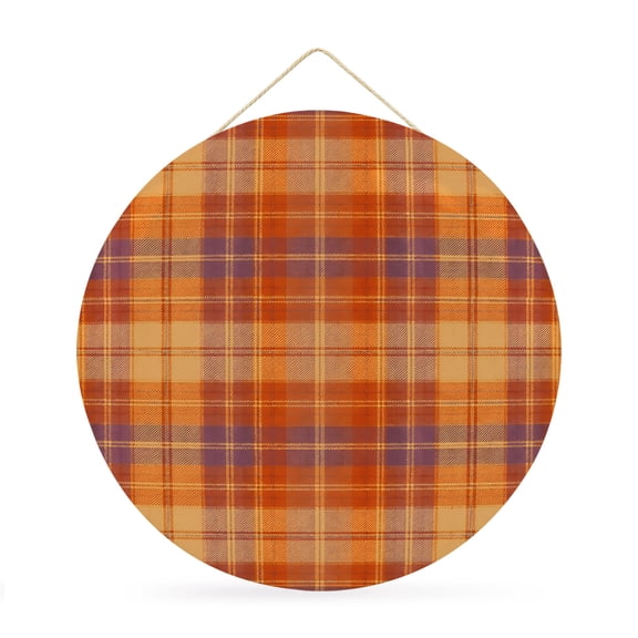 Welcome Sign for Front Door, Orange Checkered Round Metal Wall Art Wreaths, Country Farmhouse Buffalo Plaid Outdoor Indoor Wall Hanging Sign for Porch Decor Housewarming Gifts 11.8 Inch