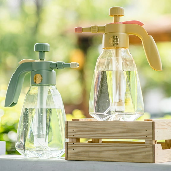 Pneumatic Watering Can 1.5L | High Pressure Gardening Spray Bottle Adjustable Nozzle Plastic | Transparent Body Mist & Stream | Easy One-Button Control Green Yellow