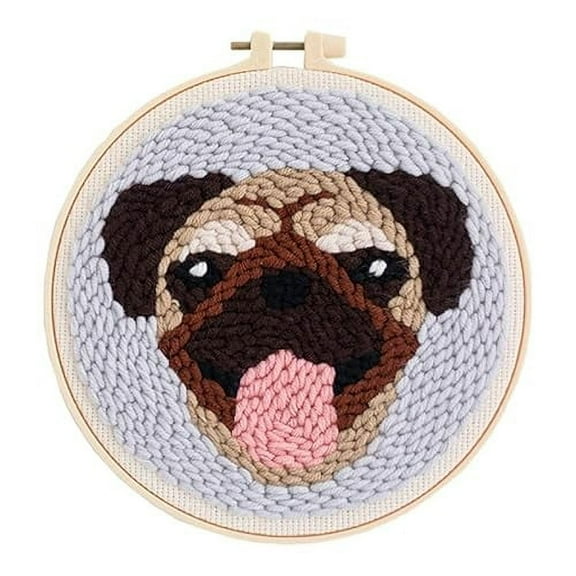Punch Needle Kit Rug Set Embroidery Kits for Adults Beginner Starter Kits with Pattern Instruction Yarn Adjustable Pen Hoop for Rug Hooking DIY Tools Set(Pug)