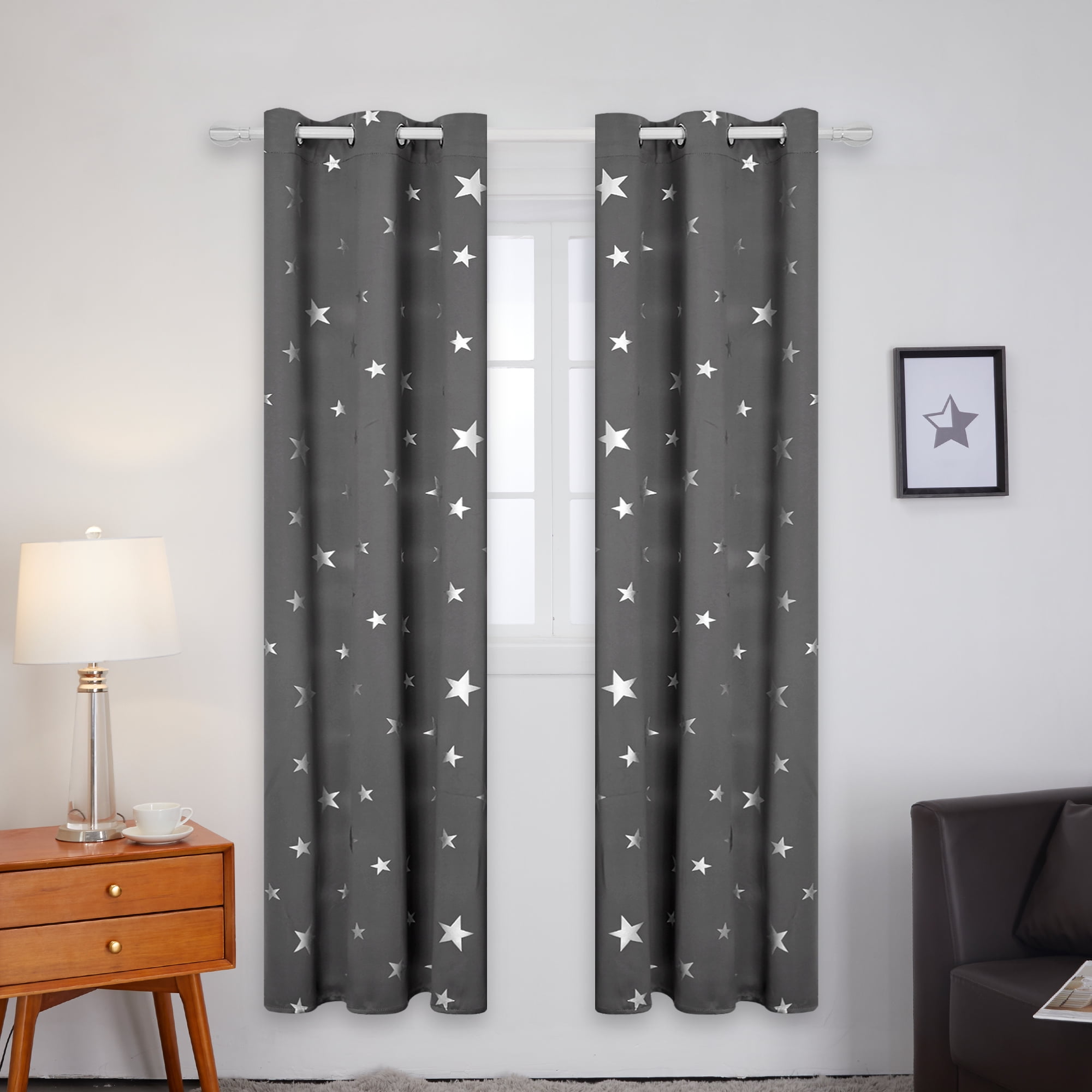 2PC Blackout Window Curtain Star Moon Pattern Thermal Insulated Drapes Bedroom 