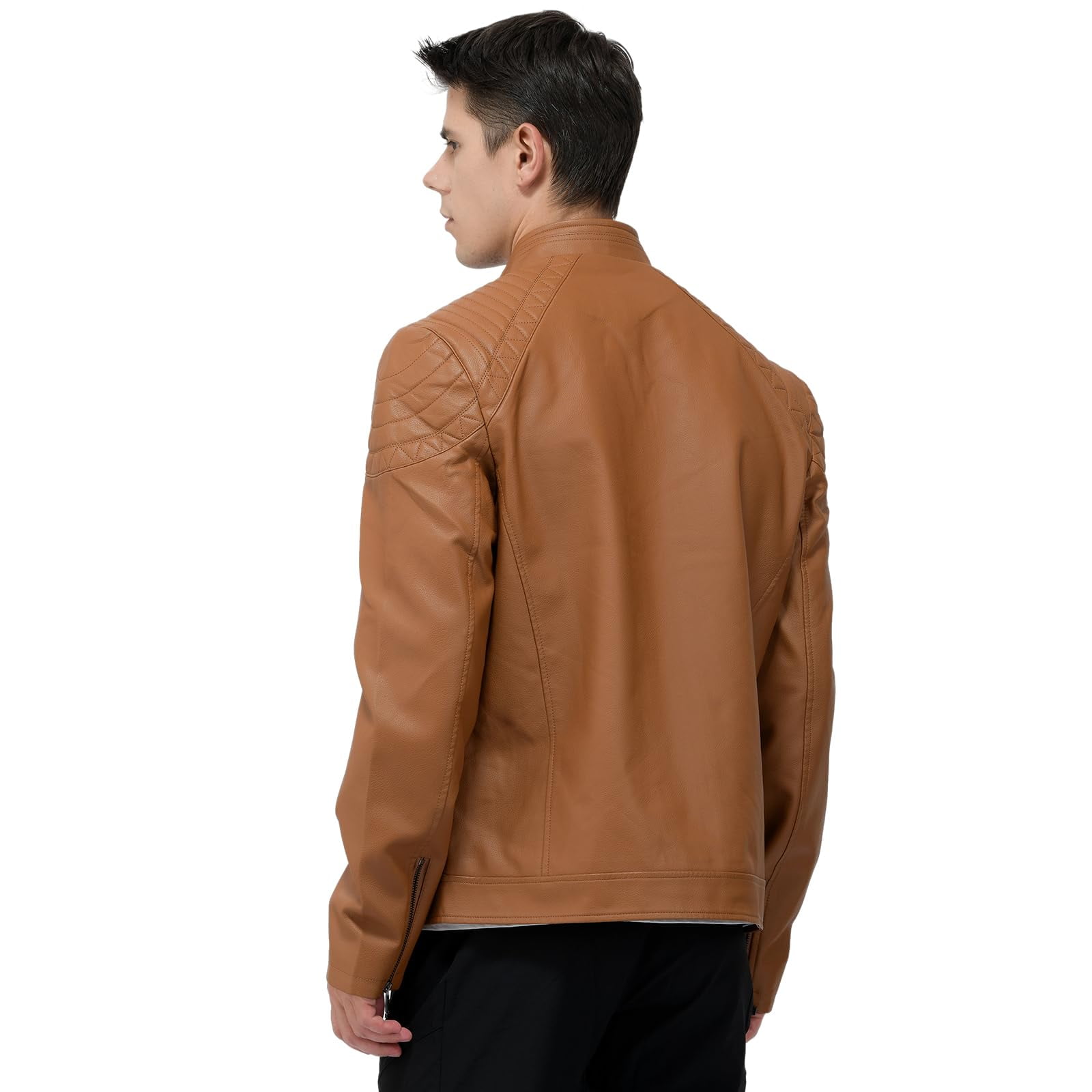 LEDUNTINO Men's Leather Jacket, Stand Collar PU Faux Leather, Zip-Up Motorcycle Bomber Jacket, Slim Fit Biker Coat