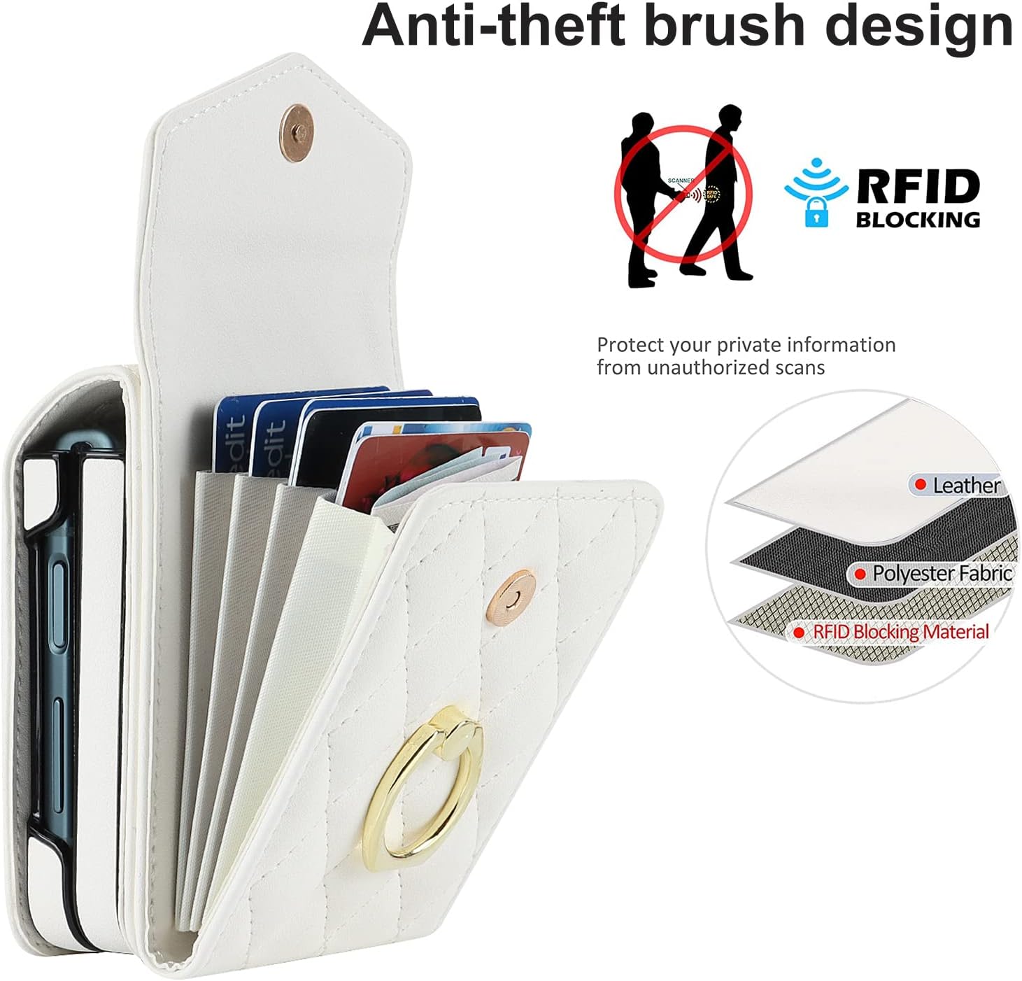 Phone Case for Samsung Galaxy Z Flip 5 5G 2023 Wallet Cover with RFID Blocking Ring Crossbody Wrist Strap Stand Credit Card Holder Leather Cell ZFlip5 Z5 G Flip5 5Z Women Men Girls Off White