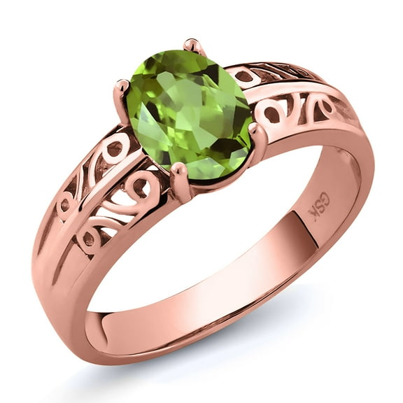 Gem Stone King 1.42 Ct Oval Green Peridot 18K Rose Gold Plated Silver Ring (Size 9)