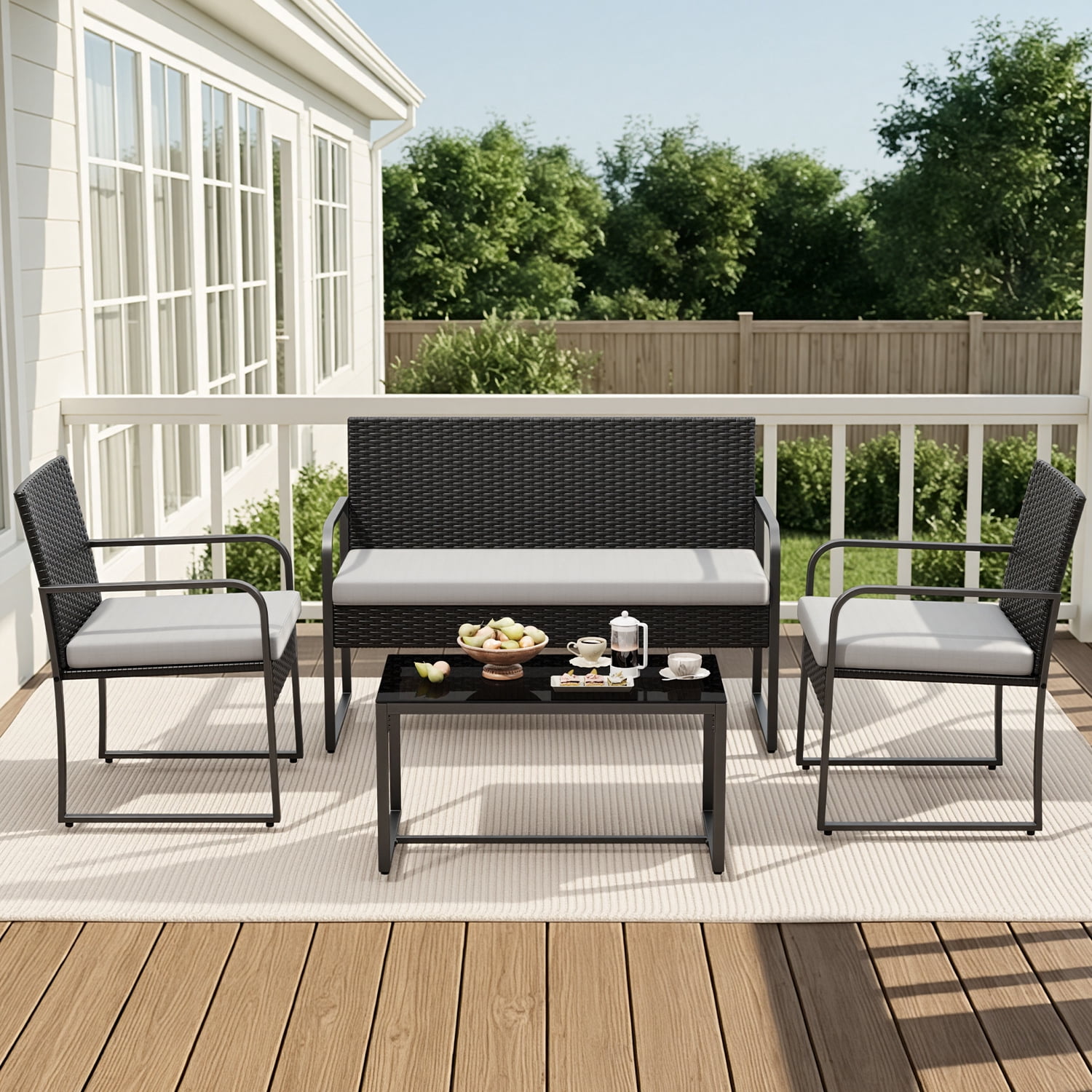Wicker Outdoor Conversation Set with Glass Top Table, Patio Seating Furniture for Yard, Lawn and Poolside, Grey