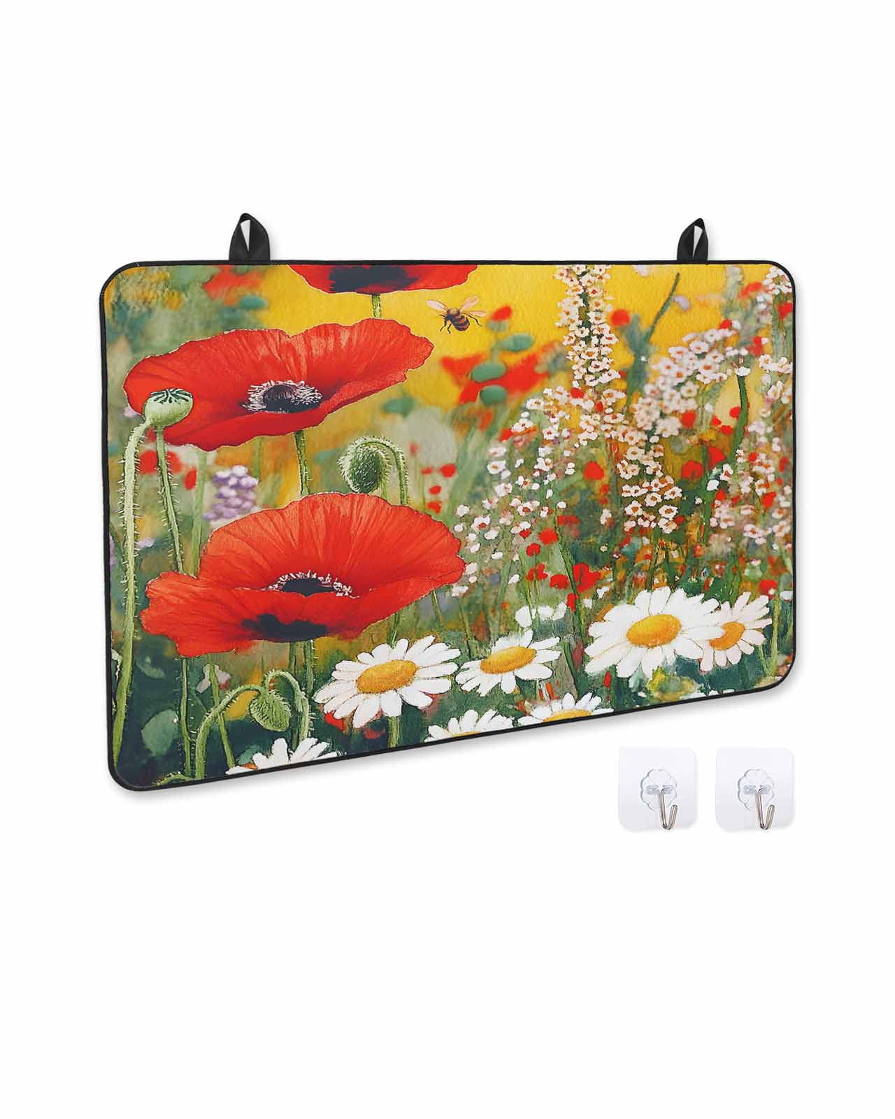 nqOlkjepod Large Induction Cooktop Protector Mat 24"x21", Spring Botanical Stove Top Covers for Electric Stove, Modern Watercolor Daisy Poppy Flower Bees Stove Burner Cover Mats Stove Cover