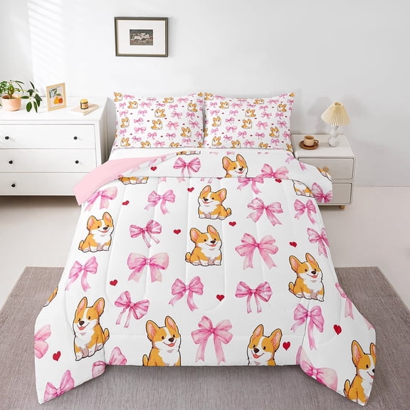 Erosebridal Cartoon Corgi Bedding Twin Comforter Set,Kawaii Bow Down Comforter,Love Heart Bedding Sets Twin with Comforter,Breathable Kids Bedroom Decor,Reversible,3pcs