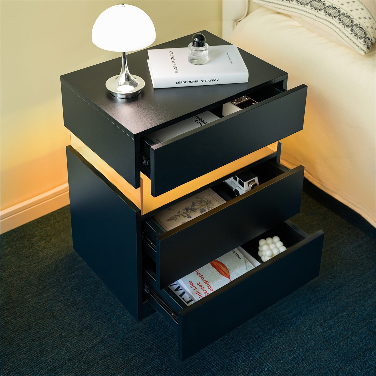 Hommoo 3 Drawer Dresser LED Nightstands, End Table Bedside Tables for Bedroom, Living Room, Black