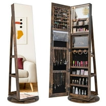 Giantex 360° Swivel Jewelry Cabinet, Lockable Jewelry Armoire w/Full-Length Mirror & 3-Color LED Lights, Freestanding Jewelry Organizer w/Inside Mirror, Foldable Shelf, Coffee