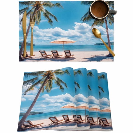 Summer Coconut Trees Beach Vacation Placemats Set of 4,Wipeable Washable Table Mats for Dining Tables,Blue Sea Place Mats for Kitchen Event Party Tabletop Decor