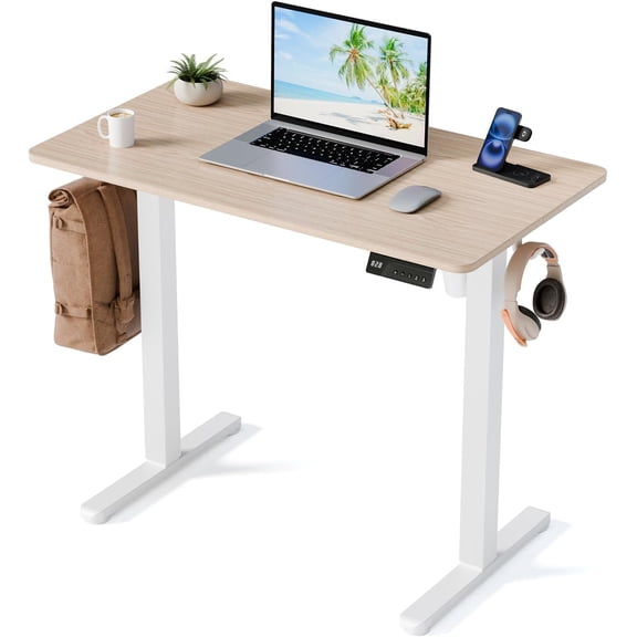 35" Electric Standing Desk, Small Sit Stand up Desk, Light Walnut | Height Adjustable Computer Desk for Home Office, Compact Work & Gaming Desk with Cable Management and Stable Steel Frame
