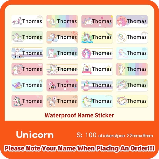 Etiqueta Adhesiva personalizada con Nombre de unicornio en español, Pegatina con Nombre, impermeable, álbum de recortes, escuela para niños