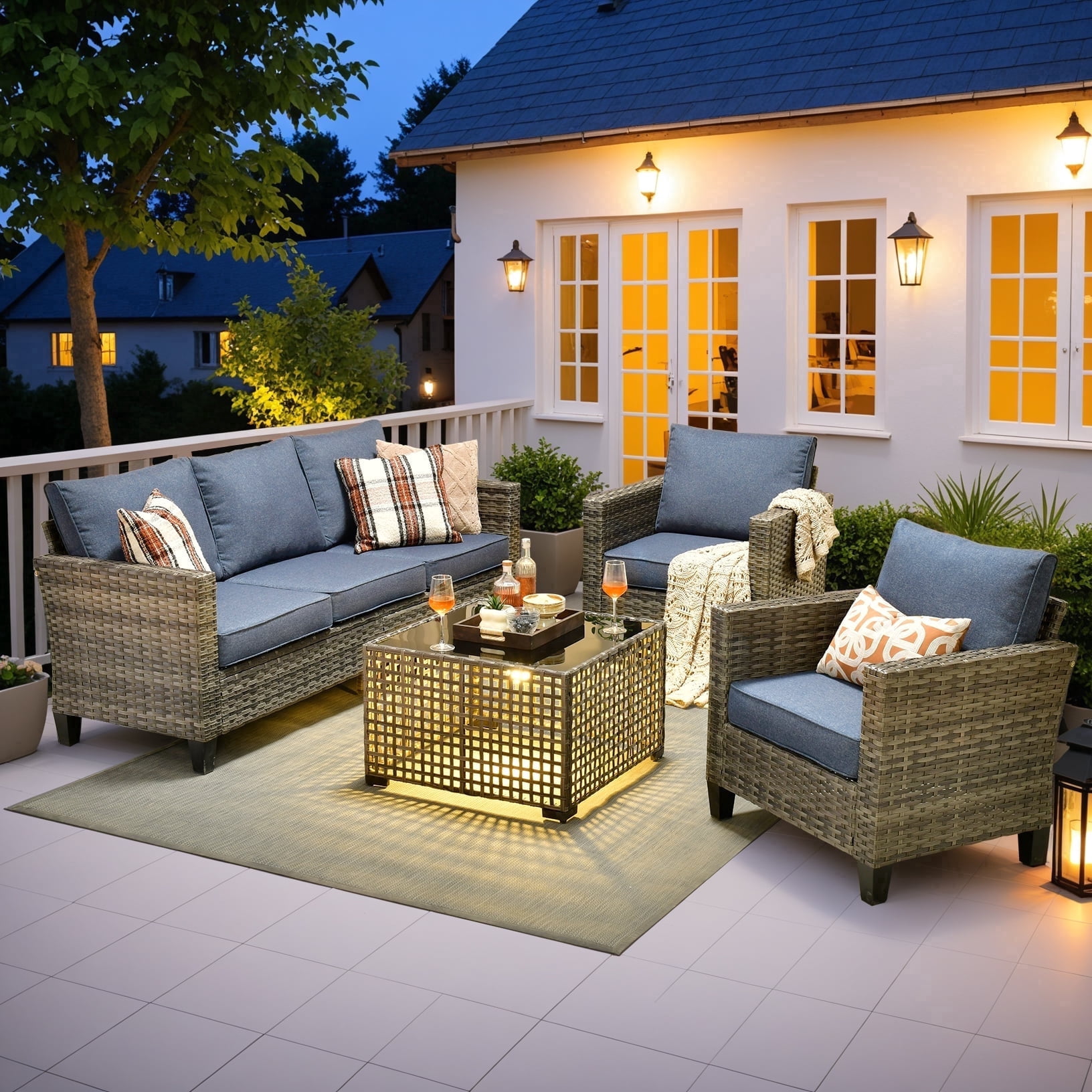 Ovios 4 Pieces Outdoor Patio Furniture Set with Lighted Coffee Table All-Weather Wicker Rattan Conversation Sofa Set, Denim Blue