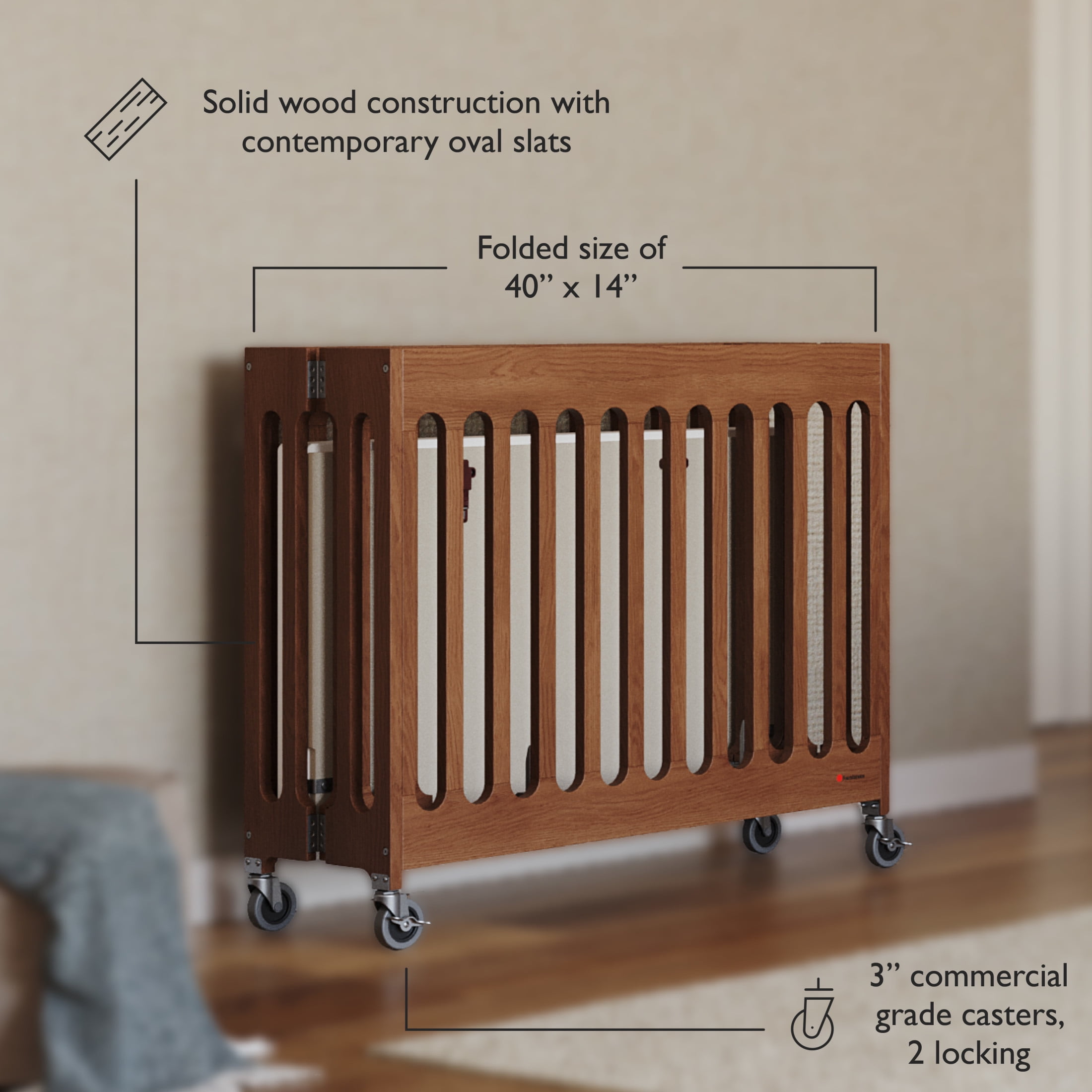 Foundations Boutique Folding Hotel Crib and Sheet Bundle - Includes Wooden Mini Crib with 3" Foam Mattress (Cherry) and 6-Pack White Fitted Compact Crib Sheets