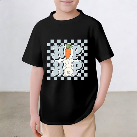 Gzbliryd Easter Day Shirts Happy Bunny Eggs Plaid Printed T-Shirt Girls Easter T Shirts for Little Boy Short Sleeve Tops (Black,8-9 Years)