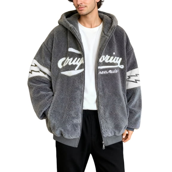 FINALGANG Men's Coat Oversized Color Block Plush Hooded Jacket Letter Graphic Print Long Sleeve Full Zipper Front Coat For Cold Weather Daily Casual Streetwear Leisure Outerwear