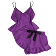 thumbnail image 4 of Blmnix Sexy Pajama Womens Pajama Pants Satin Pajama Sleepwear Sets Sleepwear Sleeveless Purple V-Neck Wide-Leg Short Woman Pajama Set,L, 4 of 5