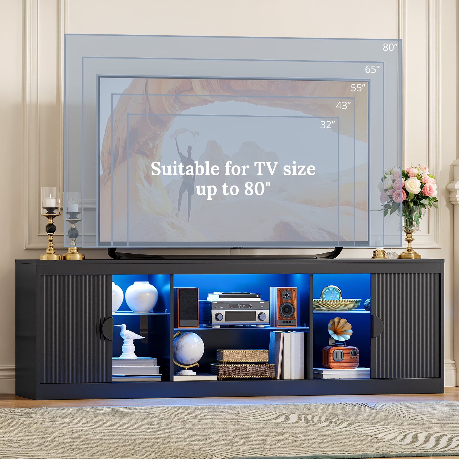 LGHM 70 inch Modern TV Stand for TVs up to 80", Fluted TV Console with LED Lights, Wood Entertainment Center, Black