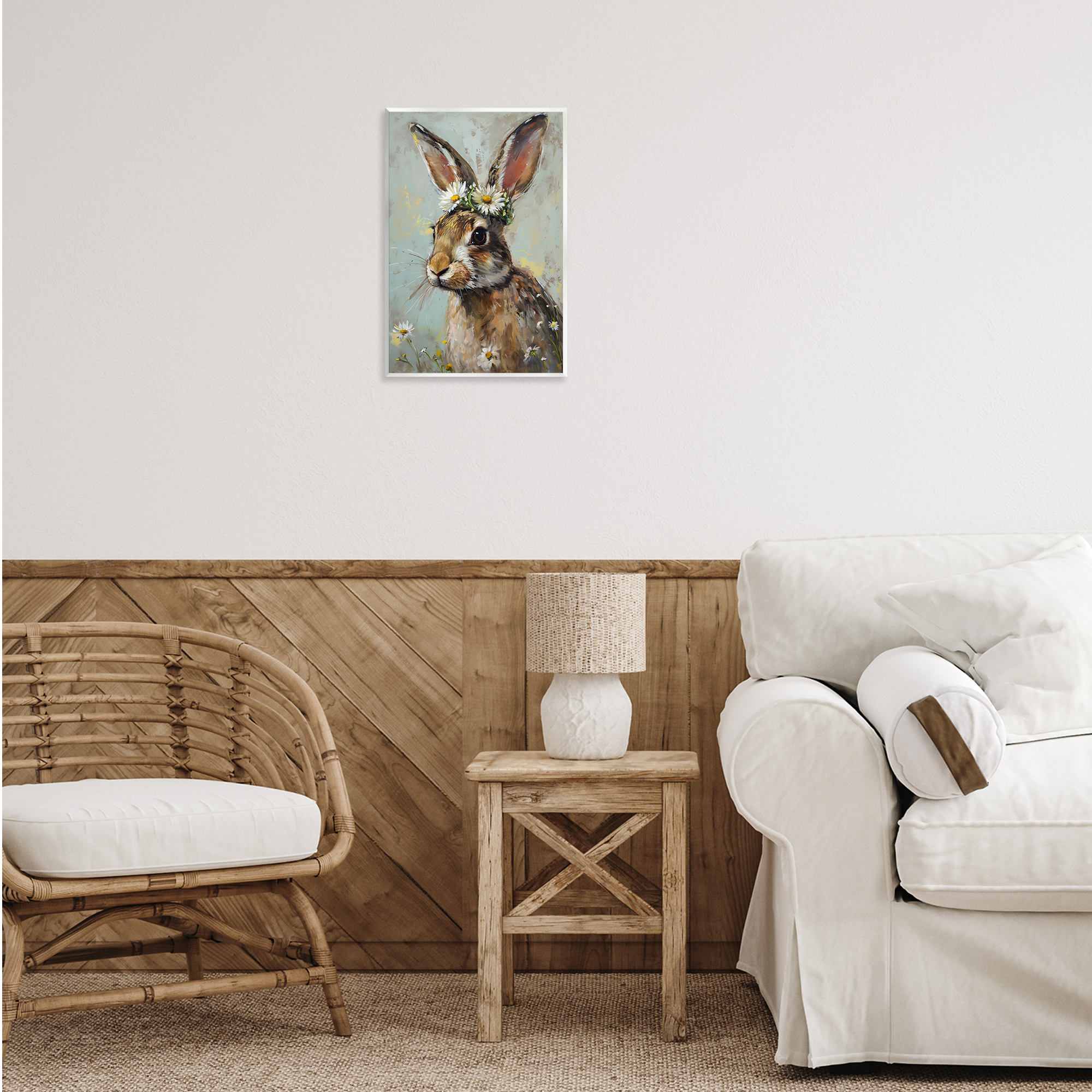 Stupell Industries Bunny & Daisy Crown Animals & Insects Painting Unframed Art Print Wall Art, 13 x 19