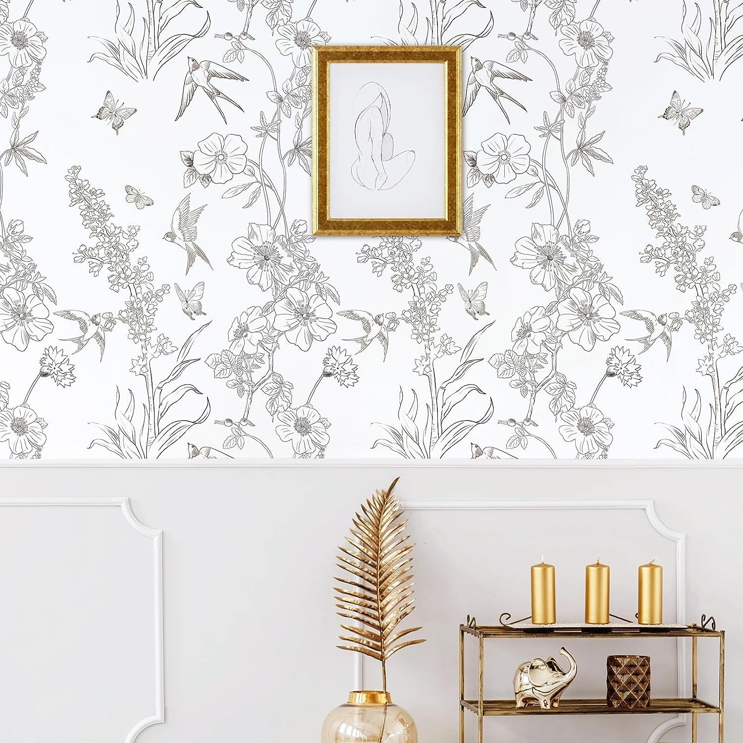 Caltero Floral Wallpaper Peel and Stick Wallpaper Black White Wallpaper Self Adhesive Removable Contact Paper,17.71" x 394"