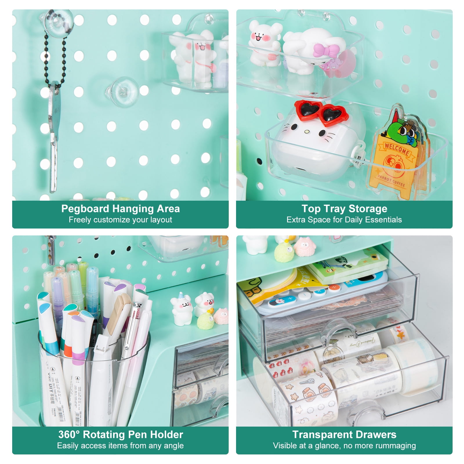 Vivin Desk Organizer, Small 2 Drawer Unit and Pen Holders, Multi-Purpose Pegboard organizer For Home Office, Mint gree