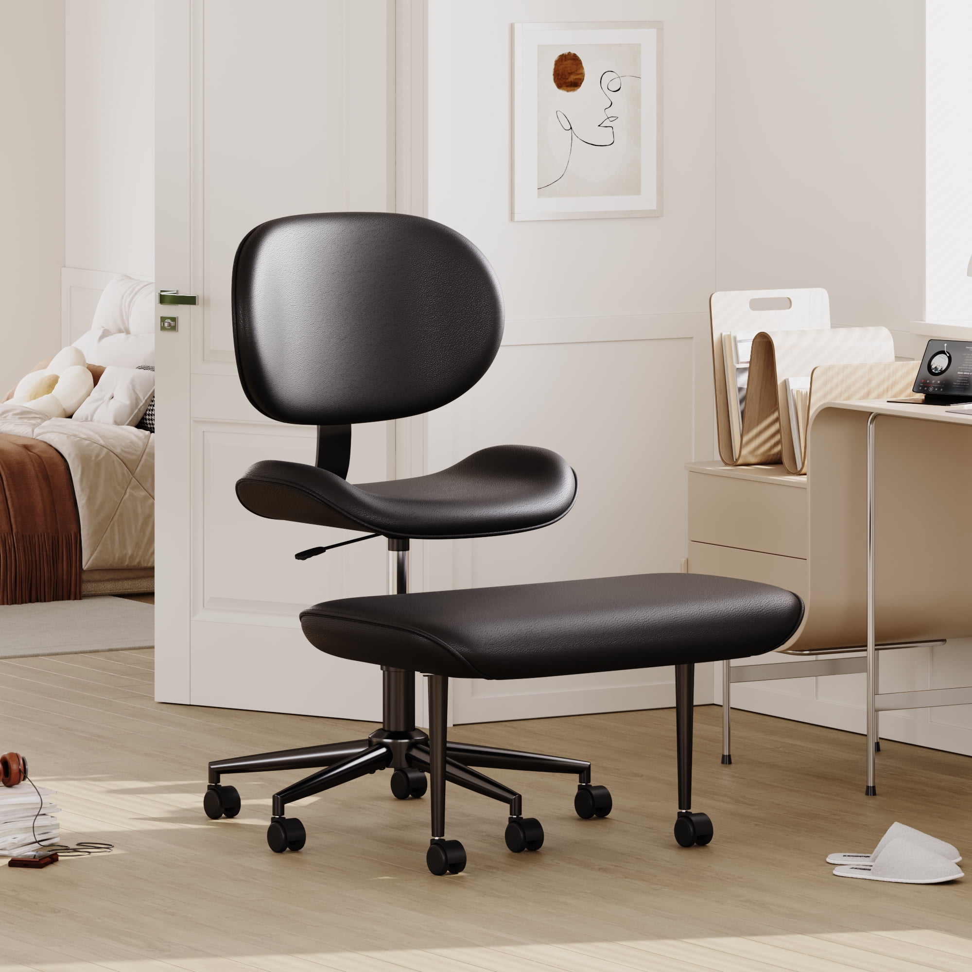 Pinmoco Extra Wide Armless Office Chair for Cross Legged Sitting, Ergonomic Swivel Desk Chair with Faux Leather, Comfy Task Chair for Home Office, Gaming & Meditation, Black