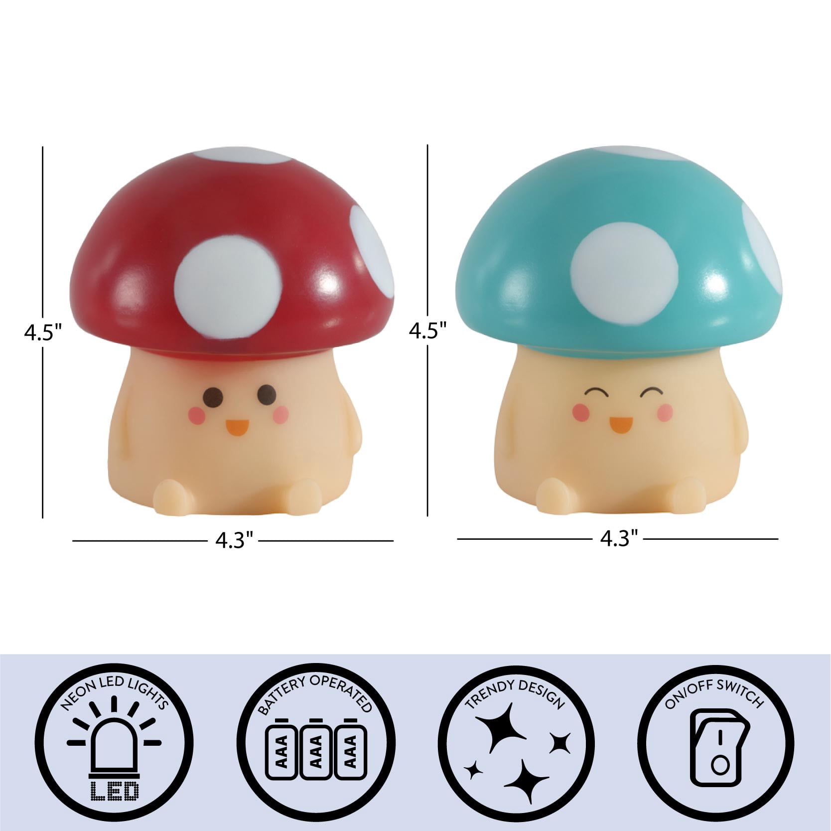 Urban Shop 4.5" 2 Pack Food Figural LED Mood Light, Red and Blue Mushroom