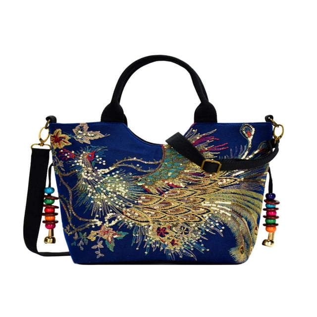 Sac Bandoulière Rétro à Perles avec Broderie de Paon pour Femme, Grand Sac à Main en Toile