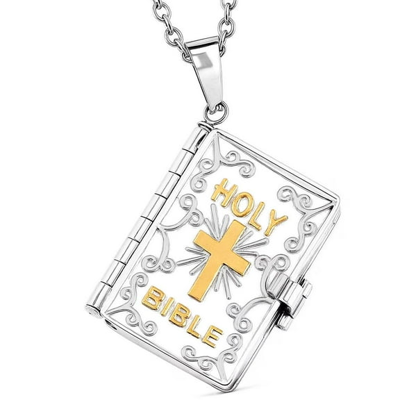 Cross Necklace for Women - Openable Holy Bible Pendant Metal Pages Inside - Bible Necklace for Women Stainless Steel Faith Religious Jewelry Christian Womens - 24" Anniversary Christmas Gifts
