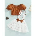 thumbnail image 2 of Qmyliery Toddler Girl Outfits Set, Ruffle Trim Short Sleeve Plain Off Shoulder Tops + Bowknot Suspender Love-heart Printed Mesh Skirt, 2 of 9
