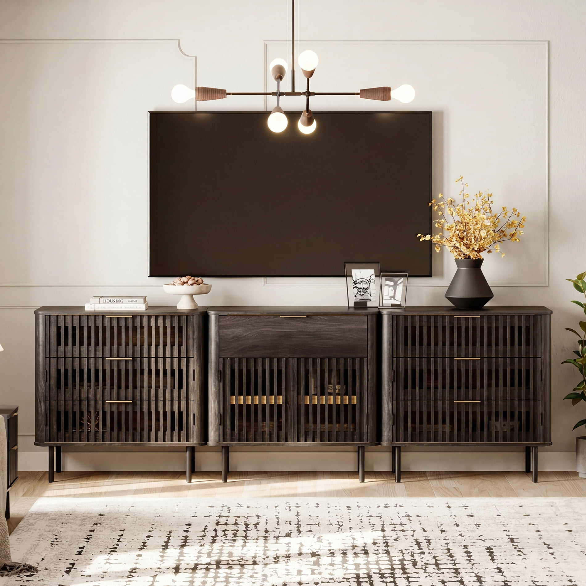 94.5 Inch Large Fluted Buffet Cabinet Sideboard with Storage, Pop-Up Doors & Adjustable Shelf, Wood Modern Accent Coffee Bar Console Table with Drawers for Kitchen, Living Room, Black