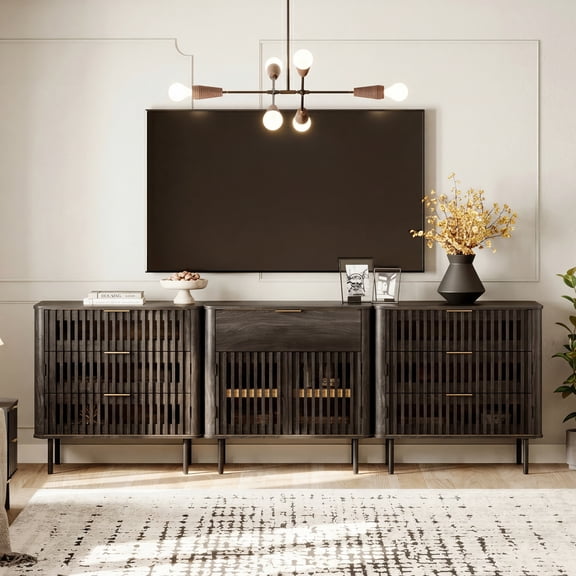 94.5" W Large TV Stand for 85 Inch TV, Wood Entertainment Center with Cabinets and Drawers, Mid-Century Modern Media Console for Living Room, Black