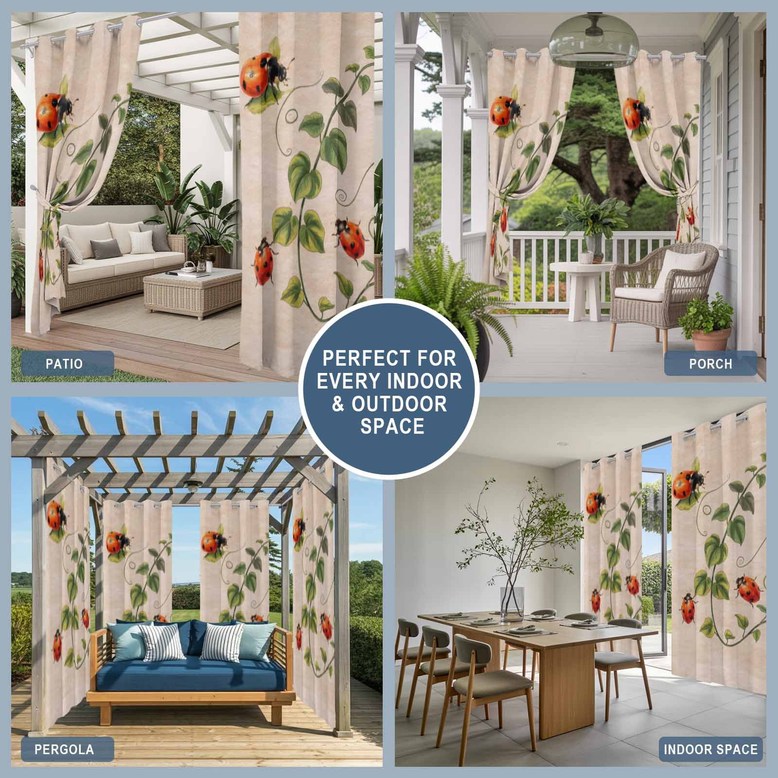 Outdoor Curtains for Patio Waterproof, Ladybugs Eucalyptus Outdoor Privacy Panels Grommet, Spring Botanical Leaves Retro Blackout Outside Curtains for Porch/Cabana/Pergola/Gazebo 54"x108", 1 Panel