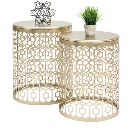 Best Choice Products Round Nesting Accent Tables, Geometric Detail Decorative Nightstands, Side, End Tables - Set of 2 - (Best Low End Dishwasher)