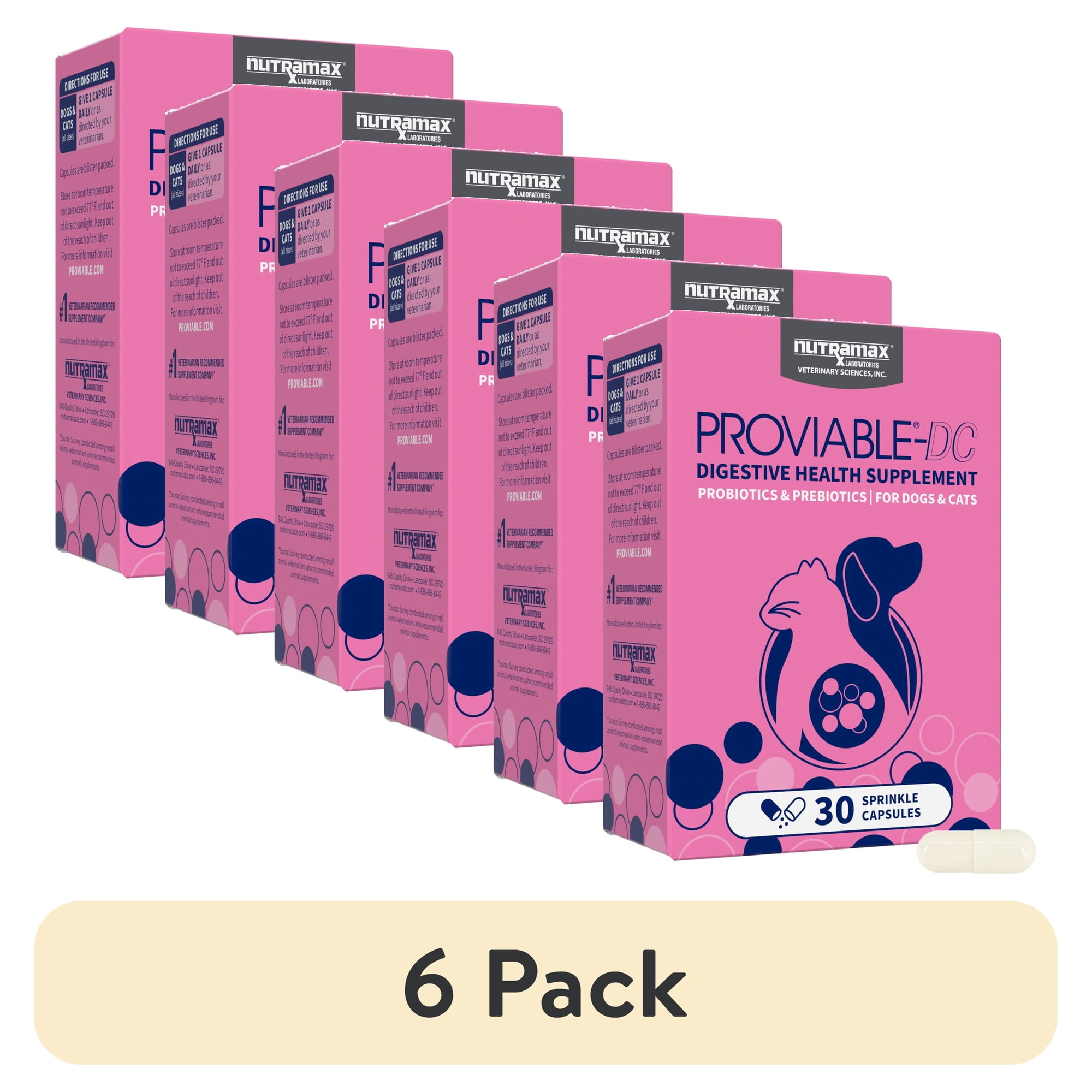 (6 pack) Nutramax Proviable Digestive Health Supplement DC Capsules for Cats and Dogs, 30 Count