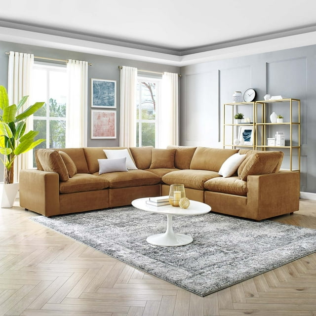 Modway Commix Sectionnel 5 Pcs Surrempli en Velours de Performance Rempli de Duvet, Couleur Cognac