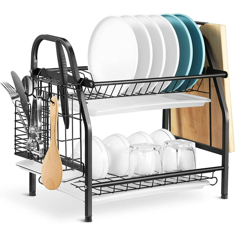 2 Tier Dish Drying Rack Kitchen Counter Dish Organizer Rack With Drainboard  And Utensil Holders Carbon Steel Dish Drainer Set - AliExpress